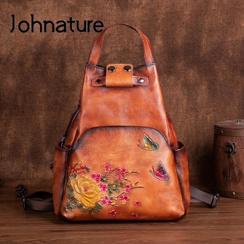 Leather Backpack Vintage - Johnature Zaino in Vera Pelle Goffrata